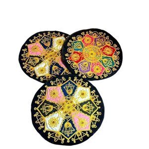 Rare Vintage Moroccan Mirrored Hand Embellished Black Velvet Pillow Circle Cases